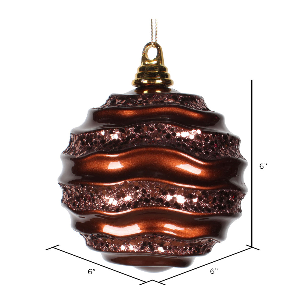 Vickerman 6" Chocolate Stripe Candy Finish Wave Ball Christmas Ornament with matching Glitter Accents