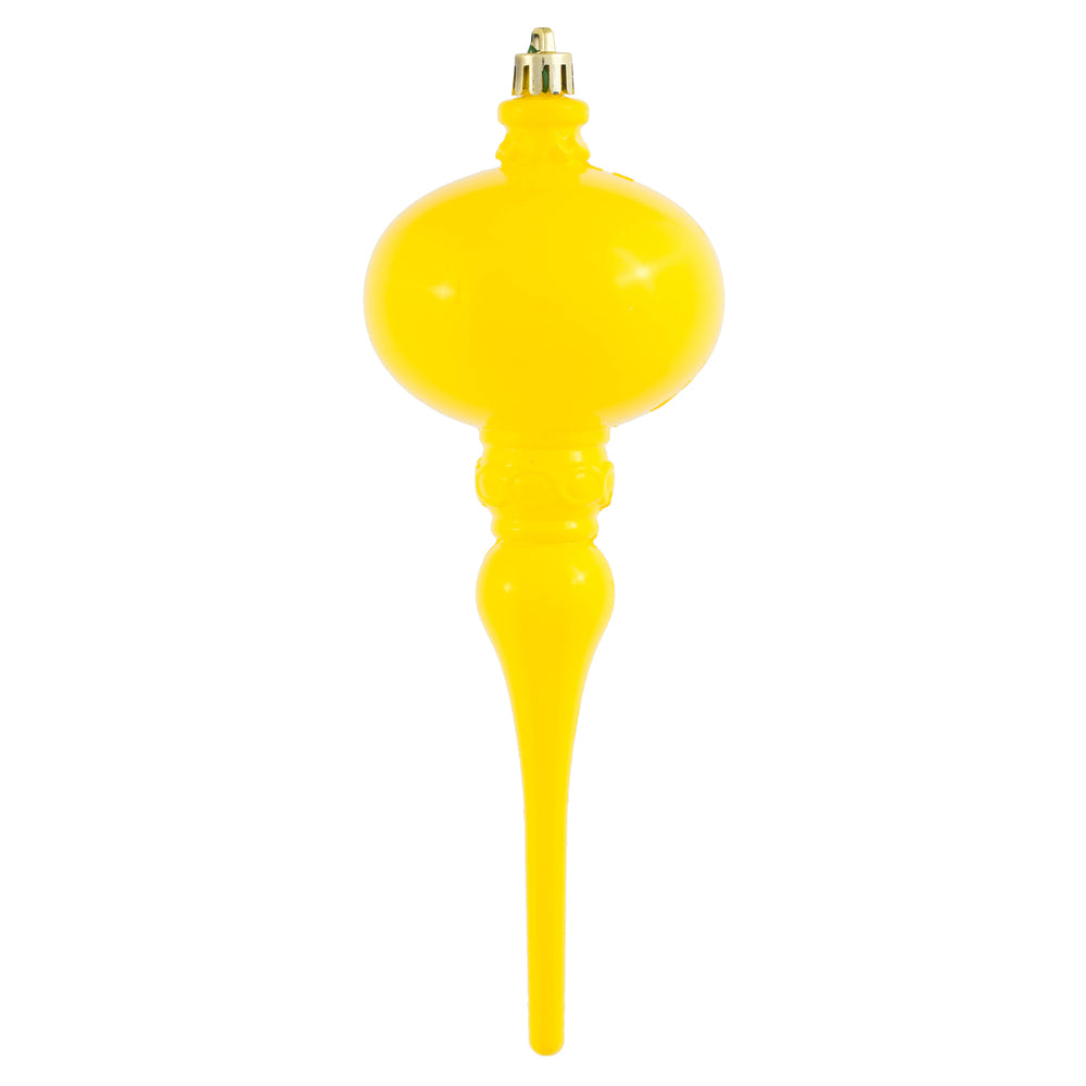 Vickerman 8" x 2.75" Yellow Shiny Finial Ornament with drilled and wired caps. Comes 3/bag.