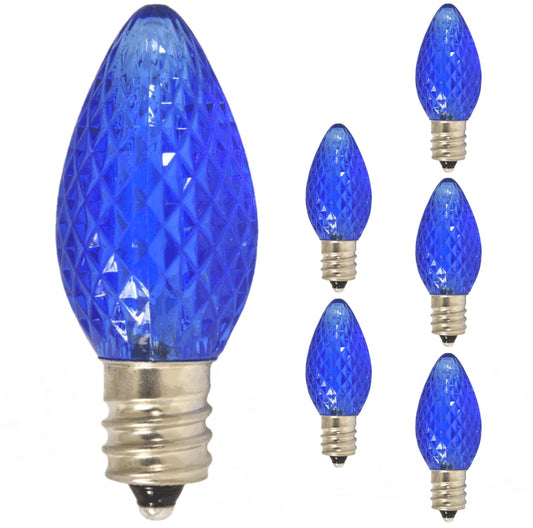 Damar- C7 LED Replacement Christmas Light Bulb Twinkle Transparent Faceted Blue Color 0.96W E12 Candelabra Base 100-130V Pack of 6- Shatterproof String Light for Patio Holiday Party Decor