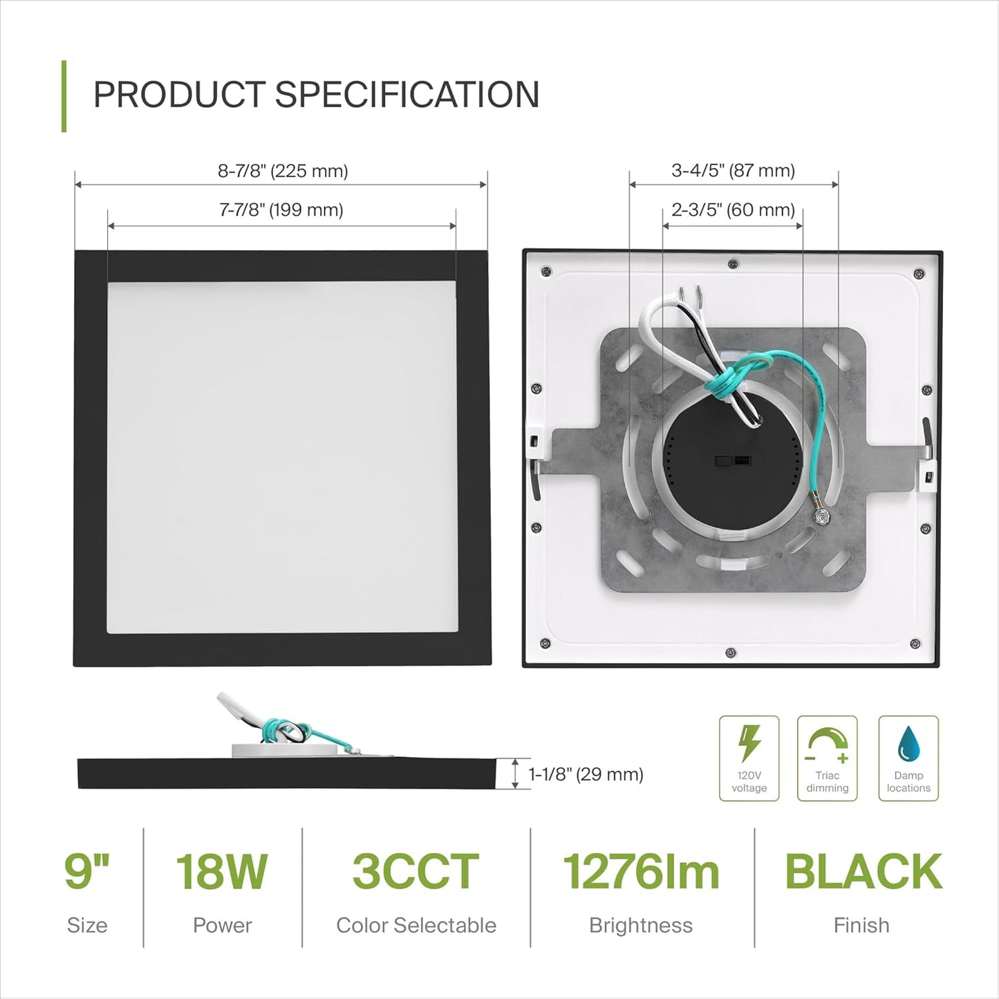 ASD Lighting LED Surface Mini Panel Square 9inch 18W 120V Triac 3000/4000/5000K Black ETL 6 pack