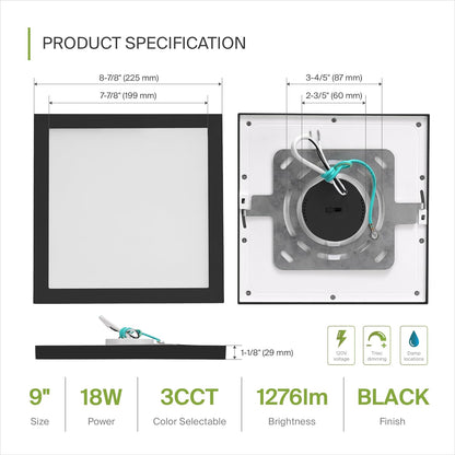 ASD Lighting LED Surface Mini Panel Square 9inch 18W 120V Triac 3000/4000/5000K Black ETL 6 pack