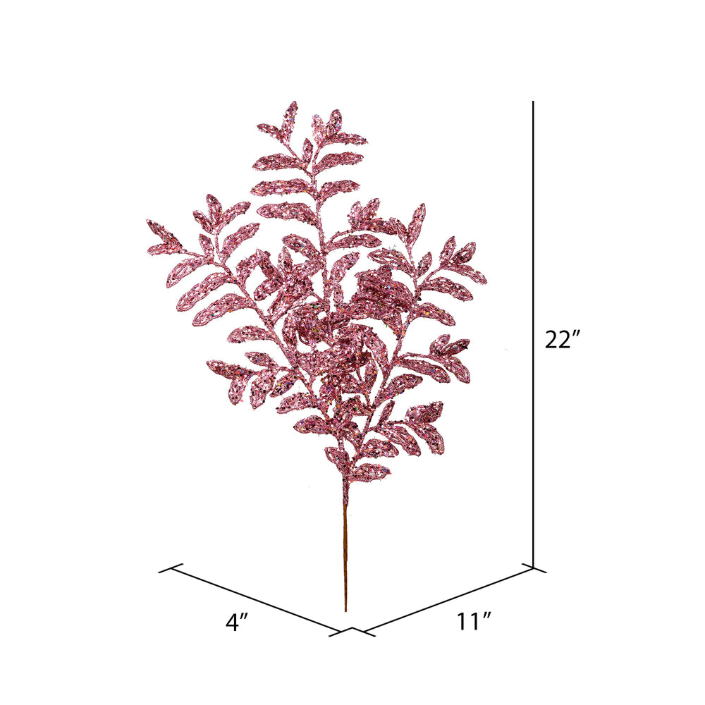 Vickerman 22" Pink Bipinnate Glitter Leaf Artificial Christmas Spray. Includes 12 sprays per pack.