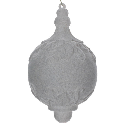 Vickerman 4" Silver Flocked Drop Finial Ornament 3/Bag. These ornaments feature a soft and fuzzy finish. They are the perfect addition to any holiday decorating project. Each ornament features a drilled cap with threaded wire for easy decorating. Includes