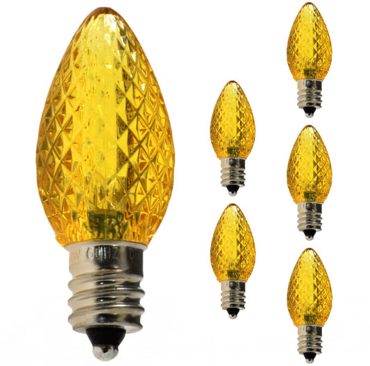 Damar- C7 LED Replacement Christmas Light Bulb Twinkle Transparent Faceted Yellow Color 0.96W E12 Candelabra Base 120V Pack of 6- Shatterproof String Light for Patio Holiday Party Decor Xmas Tree