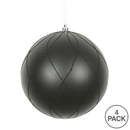 Vickerman 4" Black Matte and Glitter Swirl Ball Ornament 4 per Box