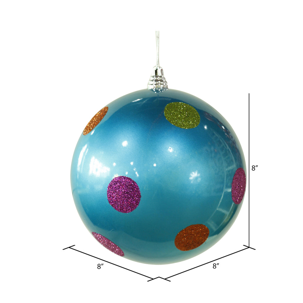 Vickerman 8" Turquoise Candy Finish Ball Christmas Ornament with Multi-Colored Polka Dots