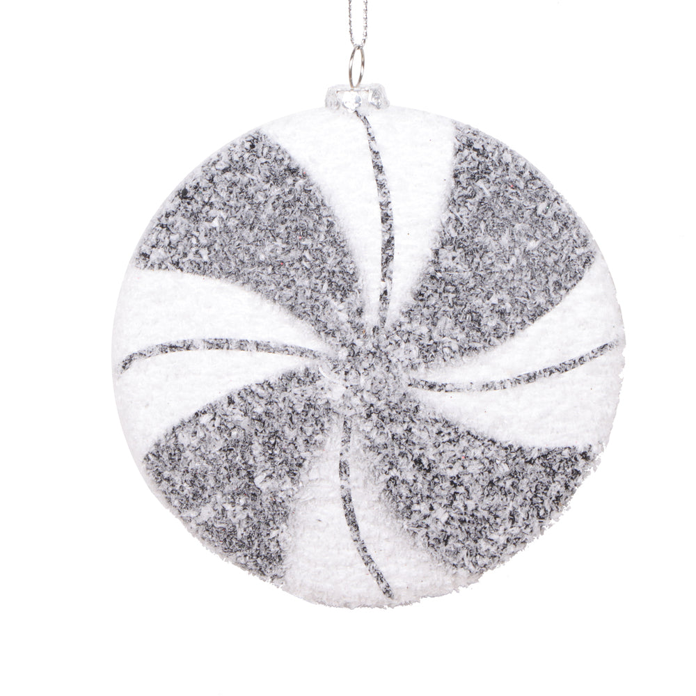 Vickerman 4" White Black Swirl Flat Ball Ornament 4 per bag.