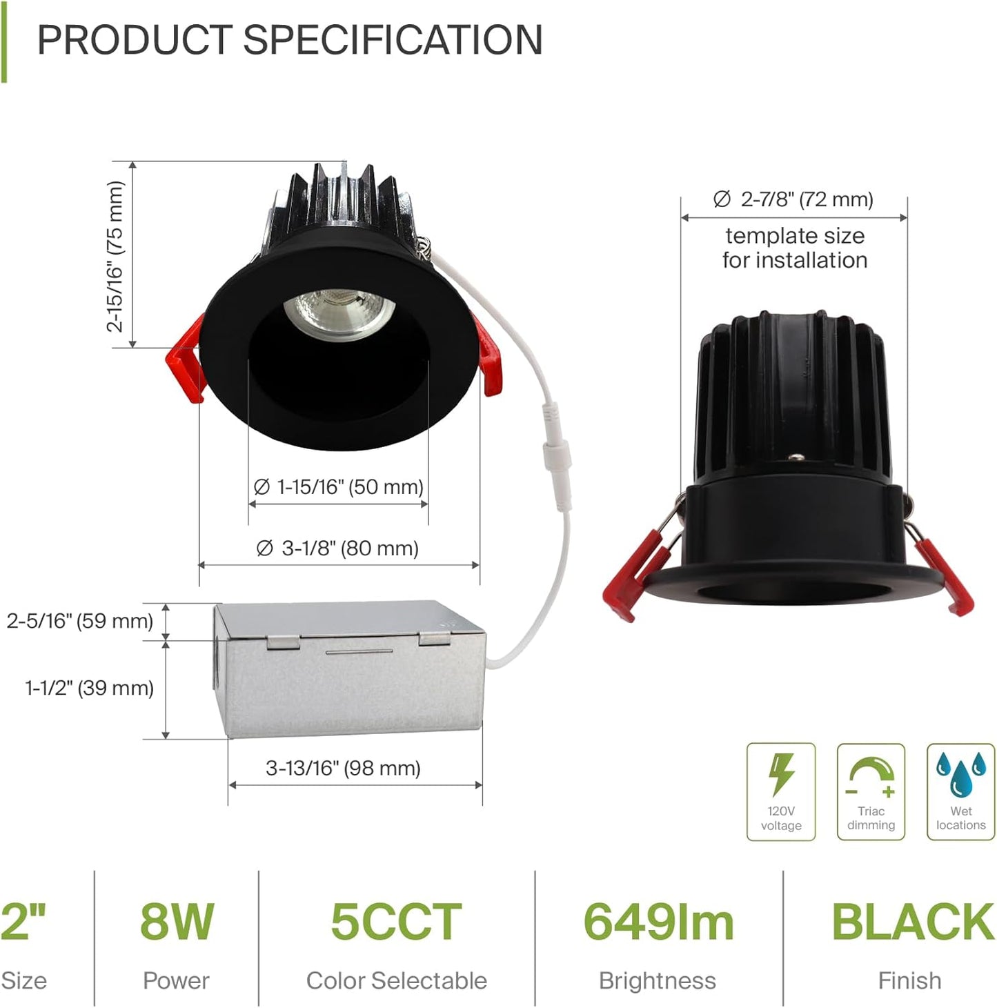 ASD Lighting LED Downlight Round 2inch 8W 120V Triac 2700/3000/3500/4000/5000K Black ETL Energy Star