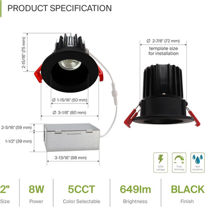 ASD Lighting LED Downlight Round 2inch 8W 120V Triac 2700/3000/3500/4000/5000K Black ETL Energy Star