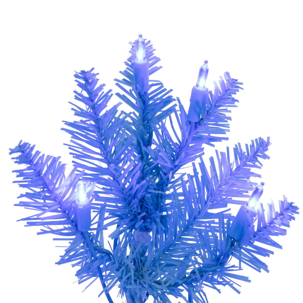 Vickerman 9.5' x 42" Sky Blue Pencil Artificial Pre-Lit Christmas Tree with 700 Dura-Lit® Blue LED Mini Lights. It measures 114 inches tall, and 28 inches wide, which is considered a pencil profile. This tree boasts 1700 tips for a realistic look. Pre-lit