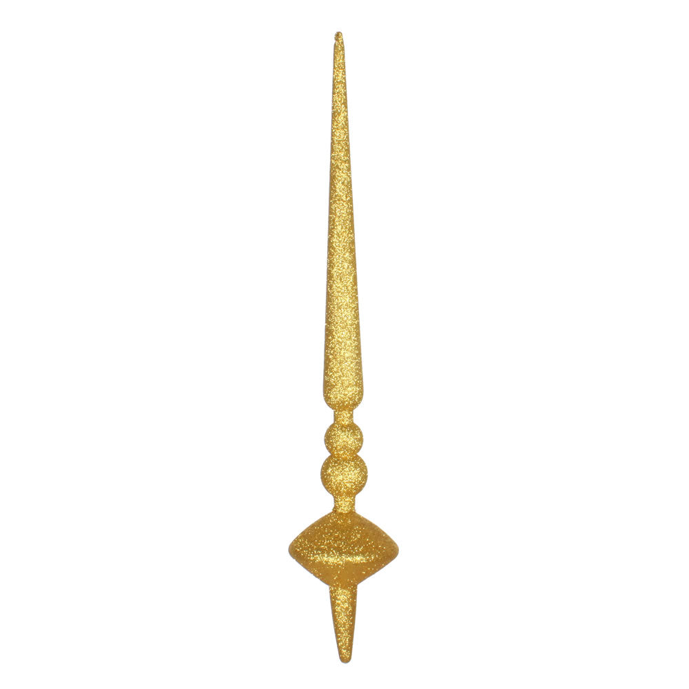 Vickerman 18" Honey Gold Glitter Cupola Finial. This long finial ornament adds depth and texture to any holiday decorating project. Made with shatterproof plastic.