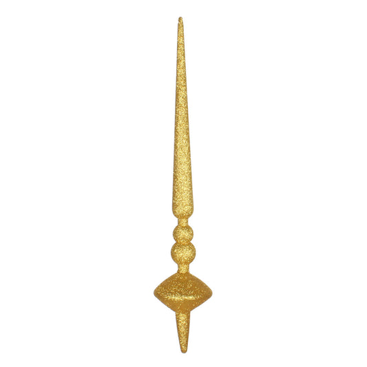 Vickerman 18" Honey Gold Glitter Cupola Finial. This long finial ornament adds depth and texture to any holiday decorating project. Made with shatterproof plastic.