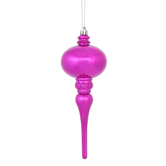 8" x 2.75" Fuchsia Shiny Finial Ornament with drilled and wired caps. Comes 3 per Bag.