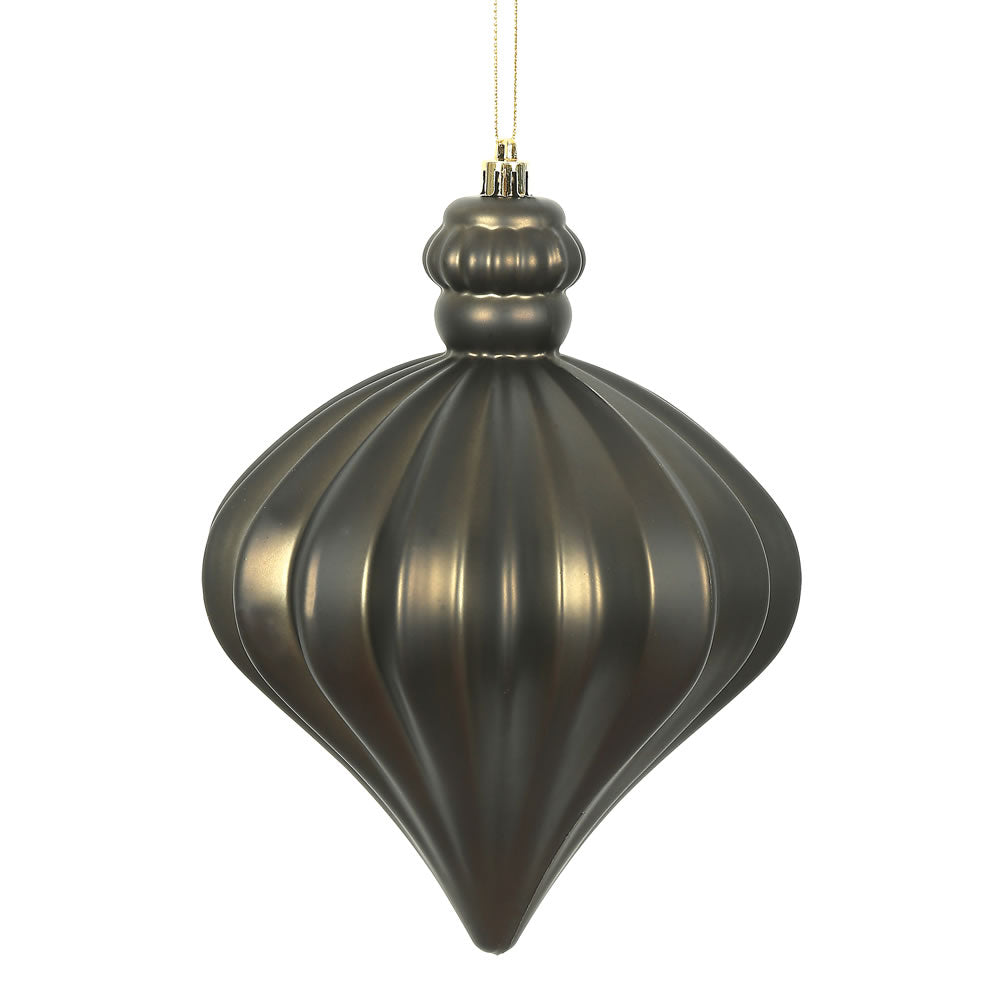 Vickerman 6" Gunmetal Matte Onion Drop Ornament with drilled and wired caps. Comes 4  per Bag.