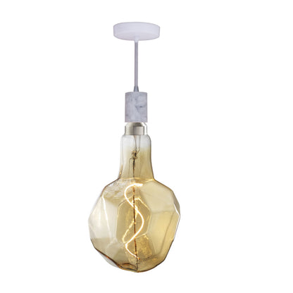 Bulbrite LED Grand Bulb and Pendant Kit of (1) 4 Watt Antique Glass 12" Jewel Shaped Bulb and (1) White Marble Open Socket Pendant on White Fabric Braided Cord - 2000K (Amber Light)