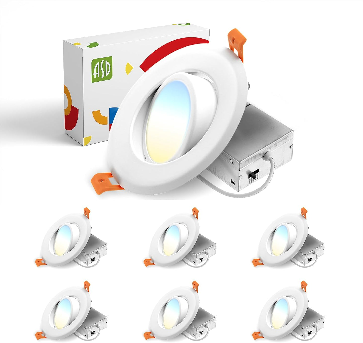 ASD Lighting LED Round Recessed Mini Panel Gimbal 4" 12W 120V Dimmable CCT Selectable 2700/3000/3500/4000/5000K White UL Energy Star 6pack
