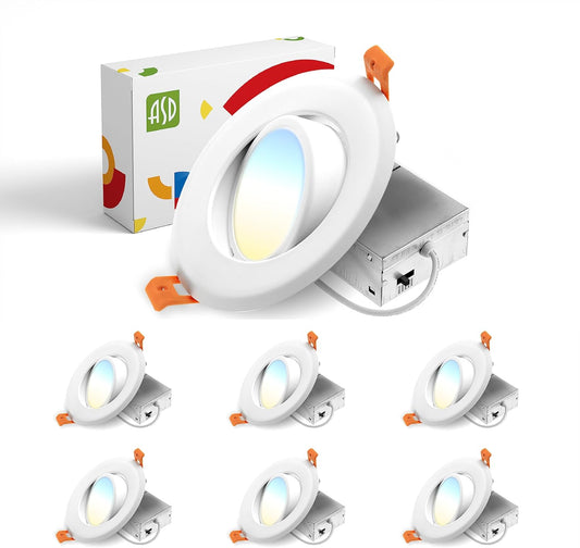 ASD Lighting LED Round Recessed Mini Panel Gimbal 4" 12W 120V Dimmable CCT Selectable 2700/3000/3500/4000/5000K White UL Energy Star 6pack