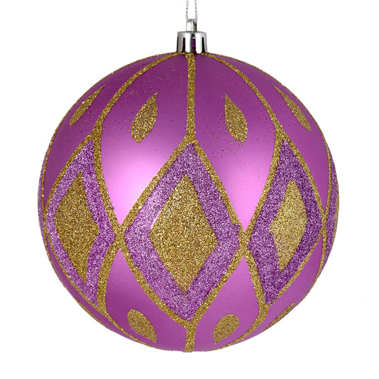 Vickerman 4" Orchid Matte Ball with Glitter Diamond Pattern. Add variety and sparkle to your holiday arrangement with this matte ornament that features a glitter pattern. Includes 4 pieces per bag. Made with shatterproof plastic. Ornament has a drilled ca