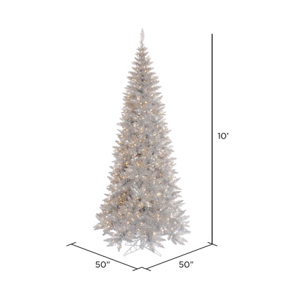 Vickerman 10' Silver Tinsel Fir Slim Artificial Christmas Tree Warm White Dura-lit LED Lights