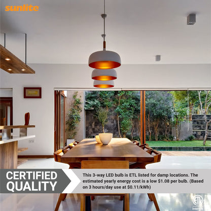 Sunlite 70323 3-Way LED A19 Light Bulb, 5/9/15 Watts (40W 60W 100W Equivalent), 500-1000-1600 Lumens, Medium E26 Base, Omni-Directional, ETL Listed, Frost, 3000K Warm White, 6 Count