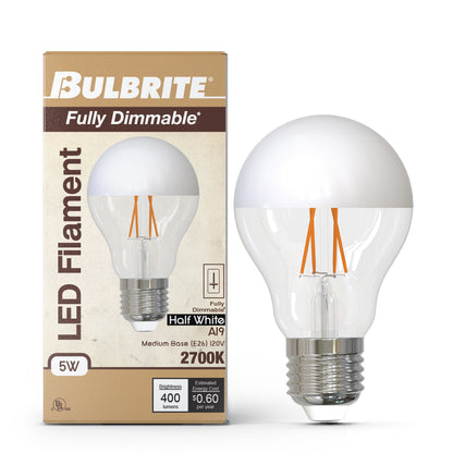 Bulbrite 776837 5W LED A19 2700K FILAMENT HALF WHITE FULLY COMPATIBLE DIMMING