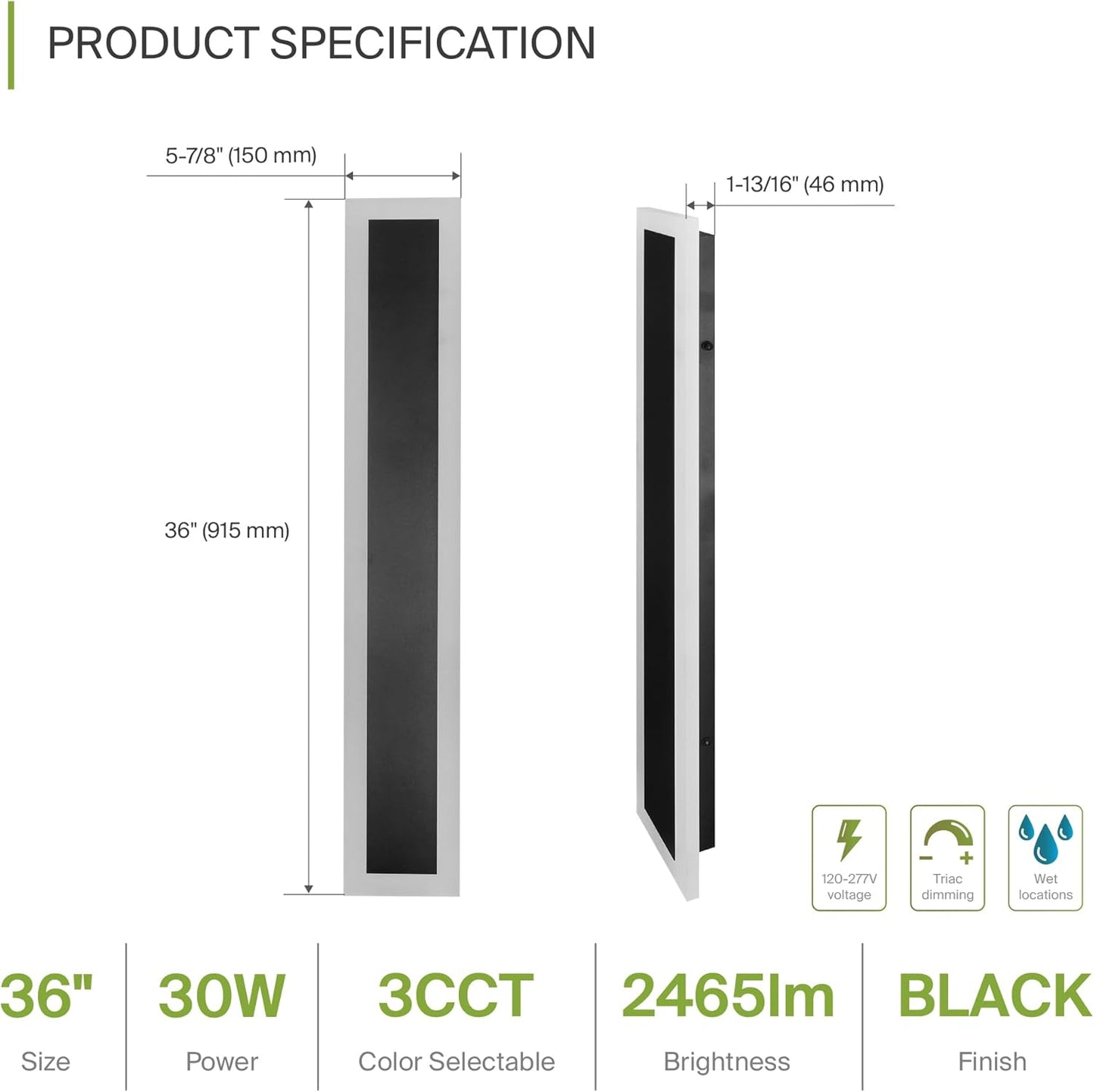 ASD Lighting LED Outdoor Wall Sconce wide acrylic 36" 30W 120-277V CCT Selectable 3000/4000/5000K Dimmable Black ETL