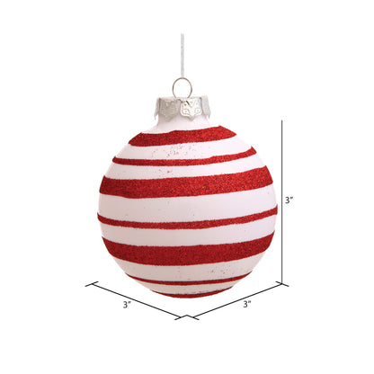 Vickerman 3" White and Red Glitter Stripe Ball Ornament 4 per Box