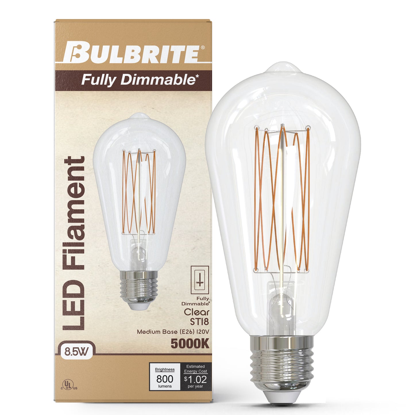 Bulbrite 862098 LED Filament Pack of (4) 8.5 Watt Dimmable ST18 Light Bulb with Clear Glass Finish and Medium (E26) Base - 5000K (Soft Daylight Light), 800 Lumens