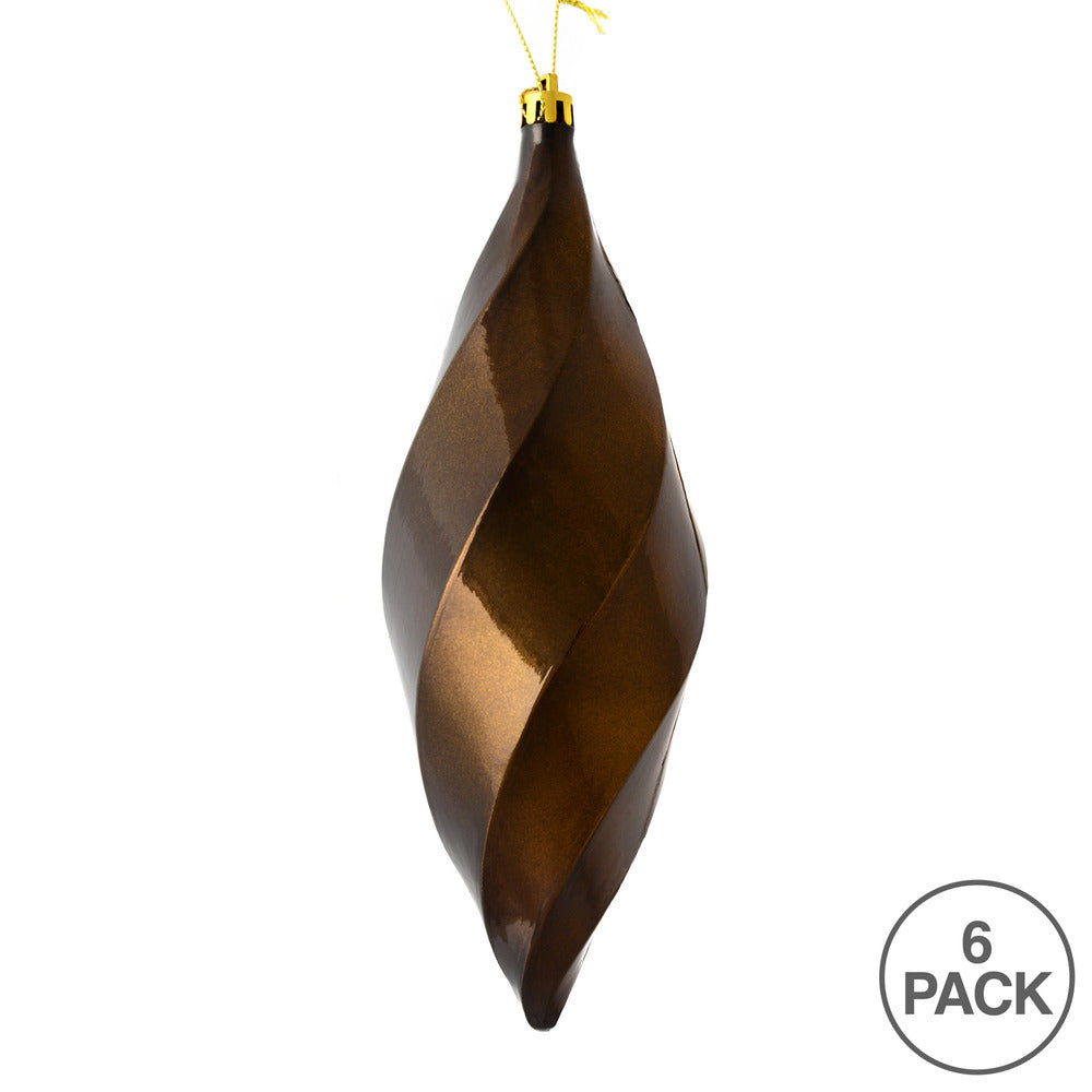 Vickerman 8" Chocolate Shiny Swirl Finial Ornament Pack of 6