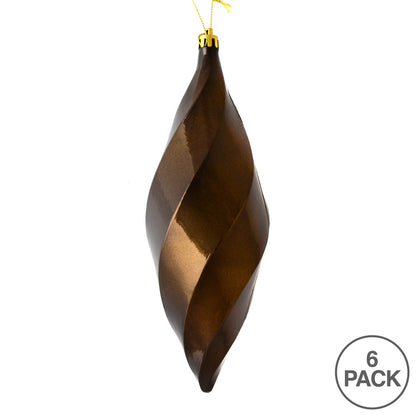 Vickerman 8" Chocolate Shiny Swirl Finial Ornament Pack of 6