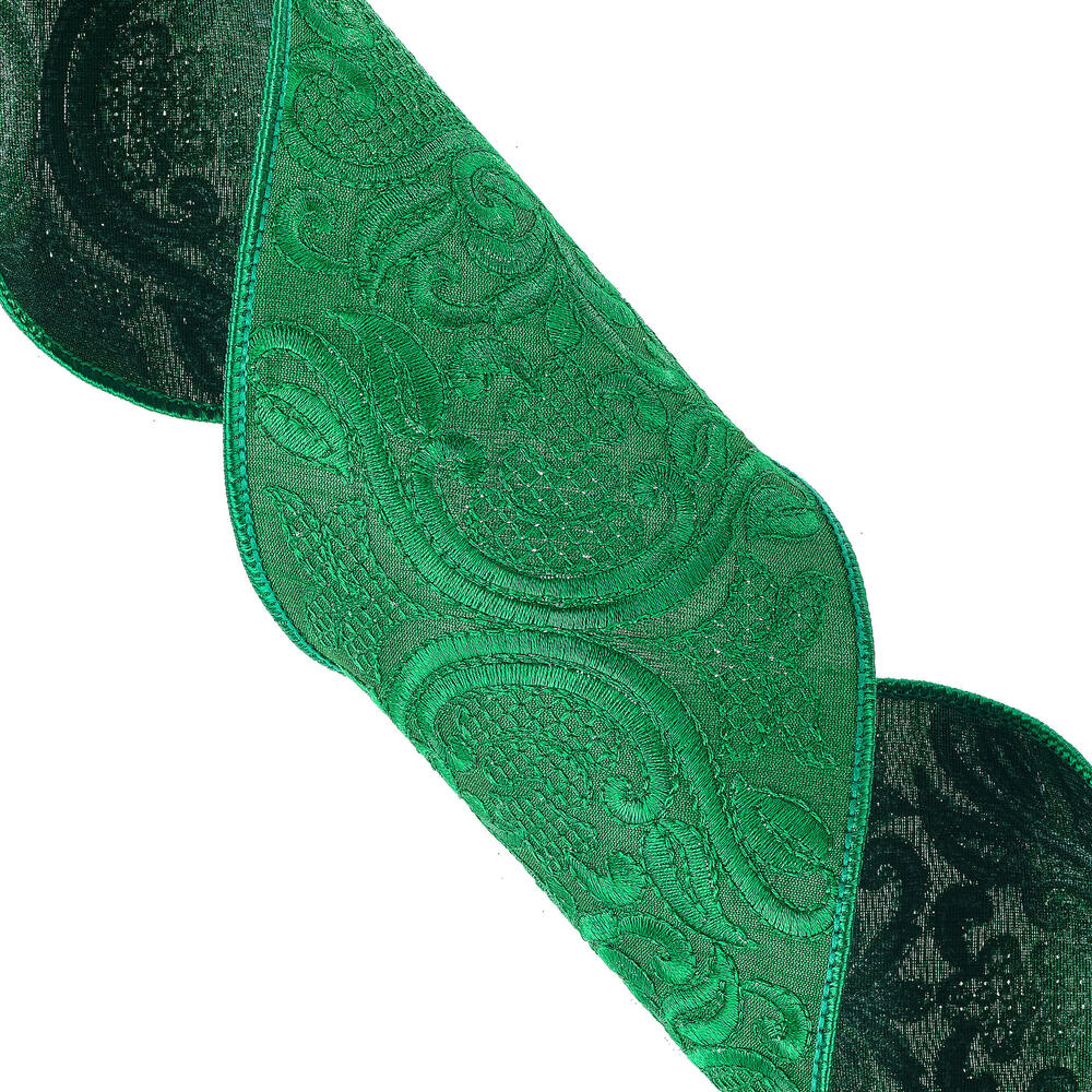 Vickerman 4" x 5 Yards Green Embroidery Wired Edge Christmas Ribbon.