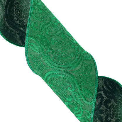 Vickerman 4" x 5 Yards Green Embroidery Wired Edge Christmas Ribbon.