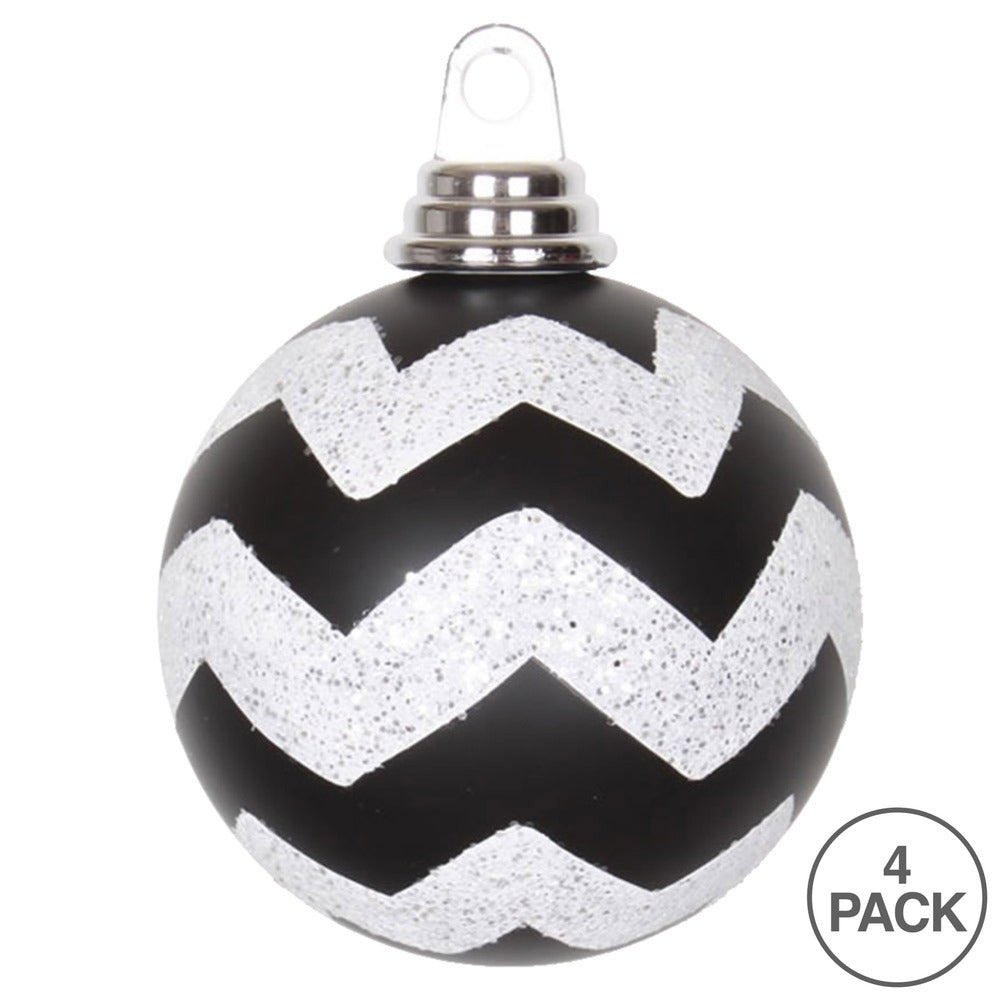 Vickerman 4" Black and White Matte Chevron Ball Christmas Ornament with Glitter Accents 4 per Box