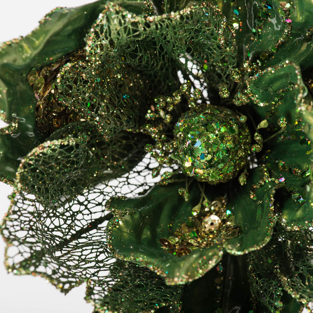 Vickerman 14" Green Pearl Glitter Magnolia Artificial Christmas Stem 3 per Bag