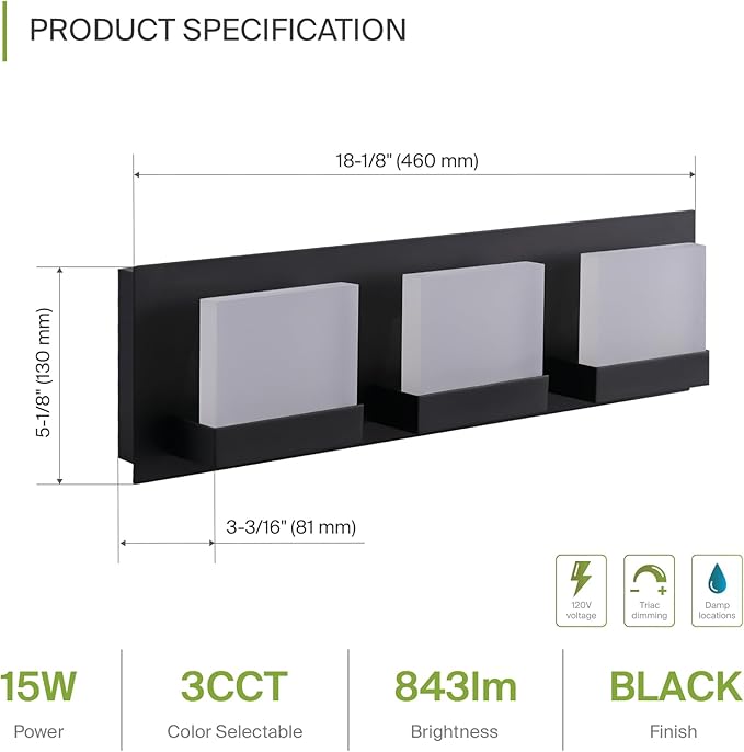 ASD Lighting LED Vanity 3-light 15W 120V CCT Selectable 3000/4000/5000K Dimmable Black ETL