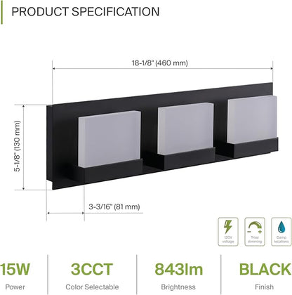 ASD Lighting LED Vanity 3-light 15W 120V CCT Selectable 3000/4000/5000K Dimmable Black ETL