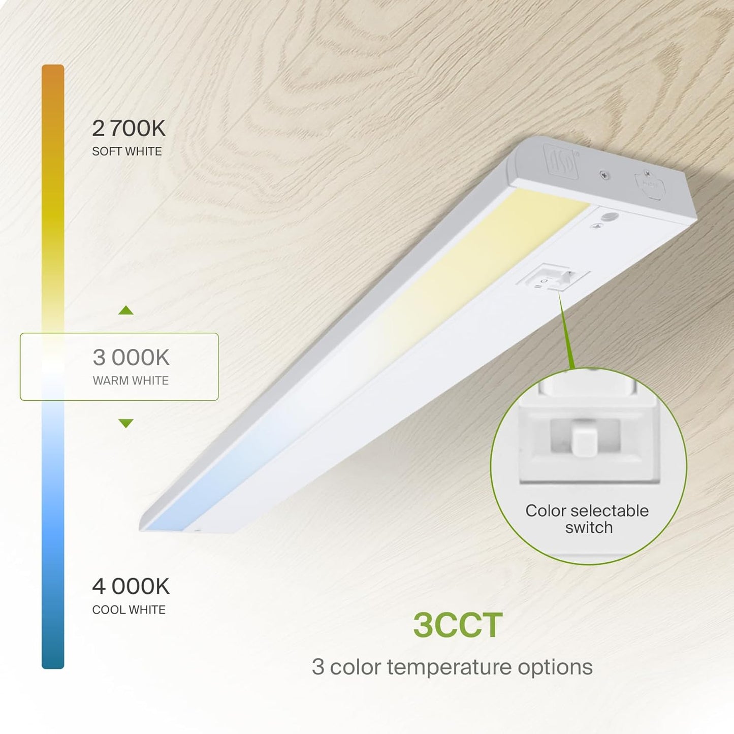 ASD Lighting LED Under Cabinet Linear 18" 8W 120V Dimmable CCT Selectable 2700/3000/4000K Hardwired or Plug-in, Linkable, Hi/Low Switch, White UL