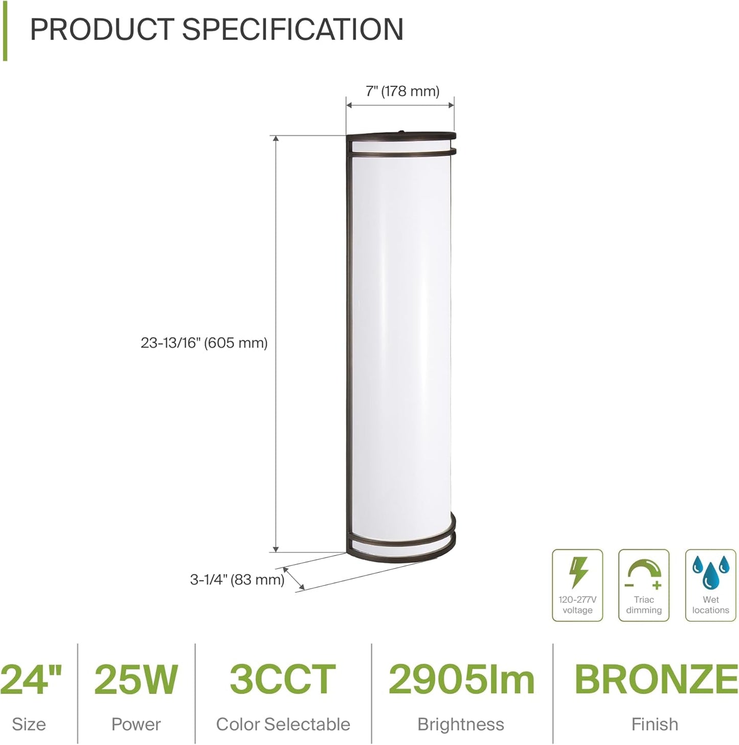 ASD Lighting LED Outdoor Wall Sconce 24" 25W 120-277V CCT Selectable 3000/4000/5000K Dimmable Oil Rubbed Bronze ETL