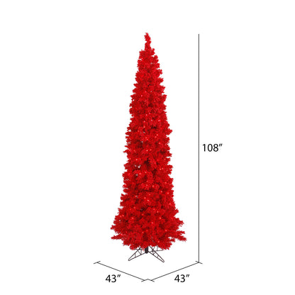 Vickerman 9' Flocked Red Pencil Fir Artificial Christmas Tree Red Dura-lit LED Lights