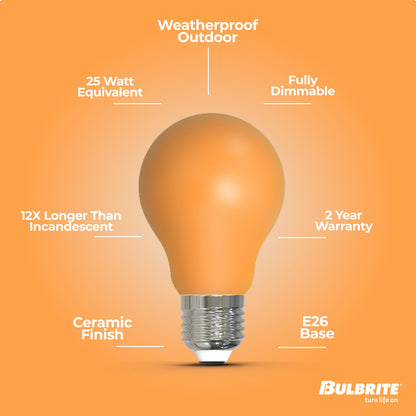 Bulbrite 776106 25-Watt Equivalent Ceramic Amber Color A19 Weatherproof Outdoor E26 Medium Base LED Light Bulb