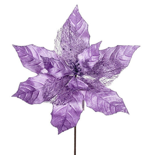 Vickerman 11" Lavender Velvet and Glitter Mesh Poinsettia Flower on Stem 6 per bag.