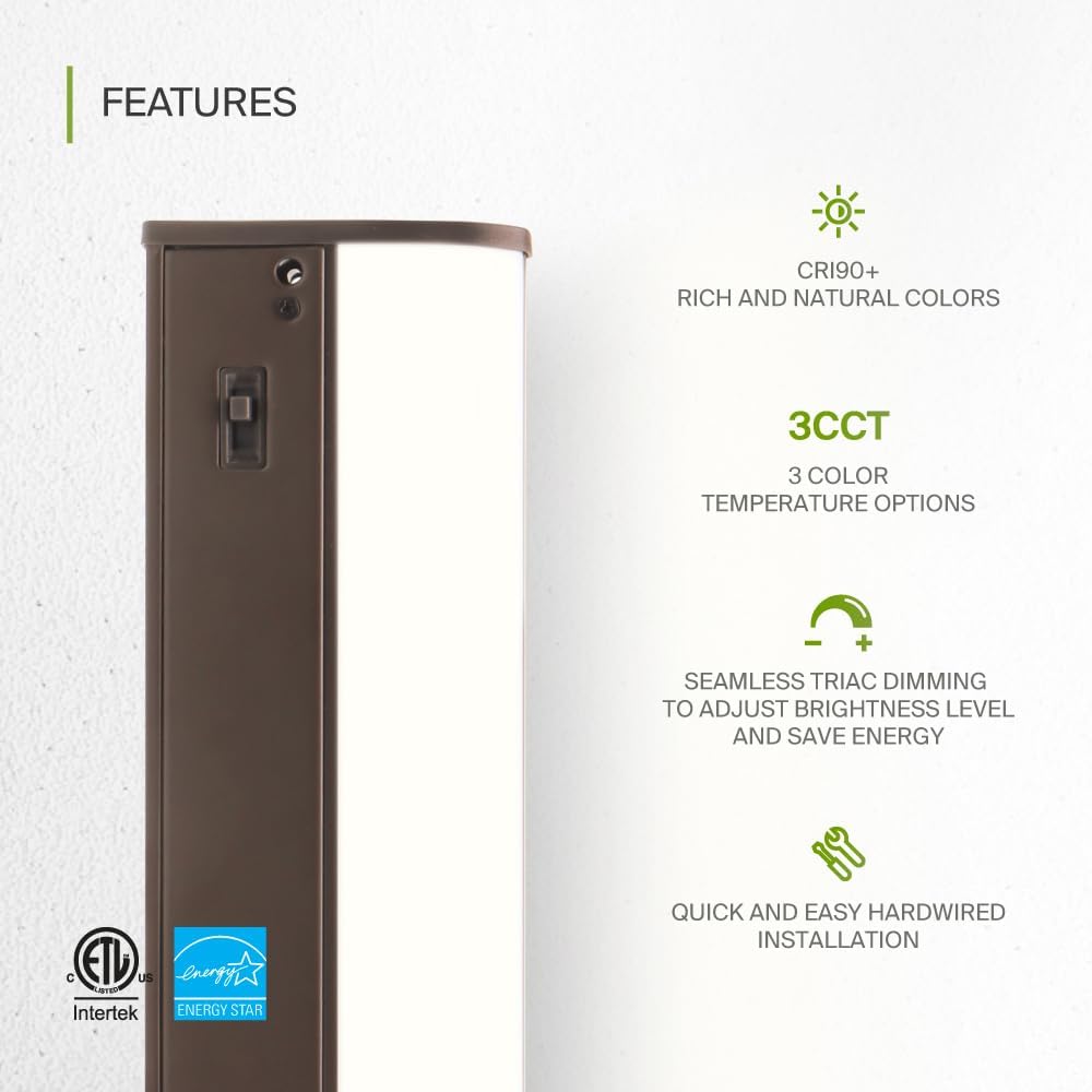 ASD Lighting LED Under Cabinet Bullnose 18" 8W 120V Dimmable CCT Selectable 3000/4000/5000K Hardwired, On/Off Switch, Oil Rubbed Bronze ETL Energy Star