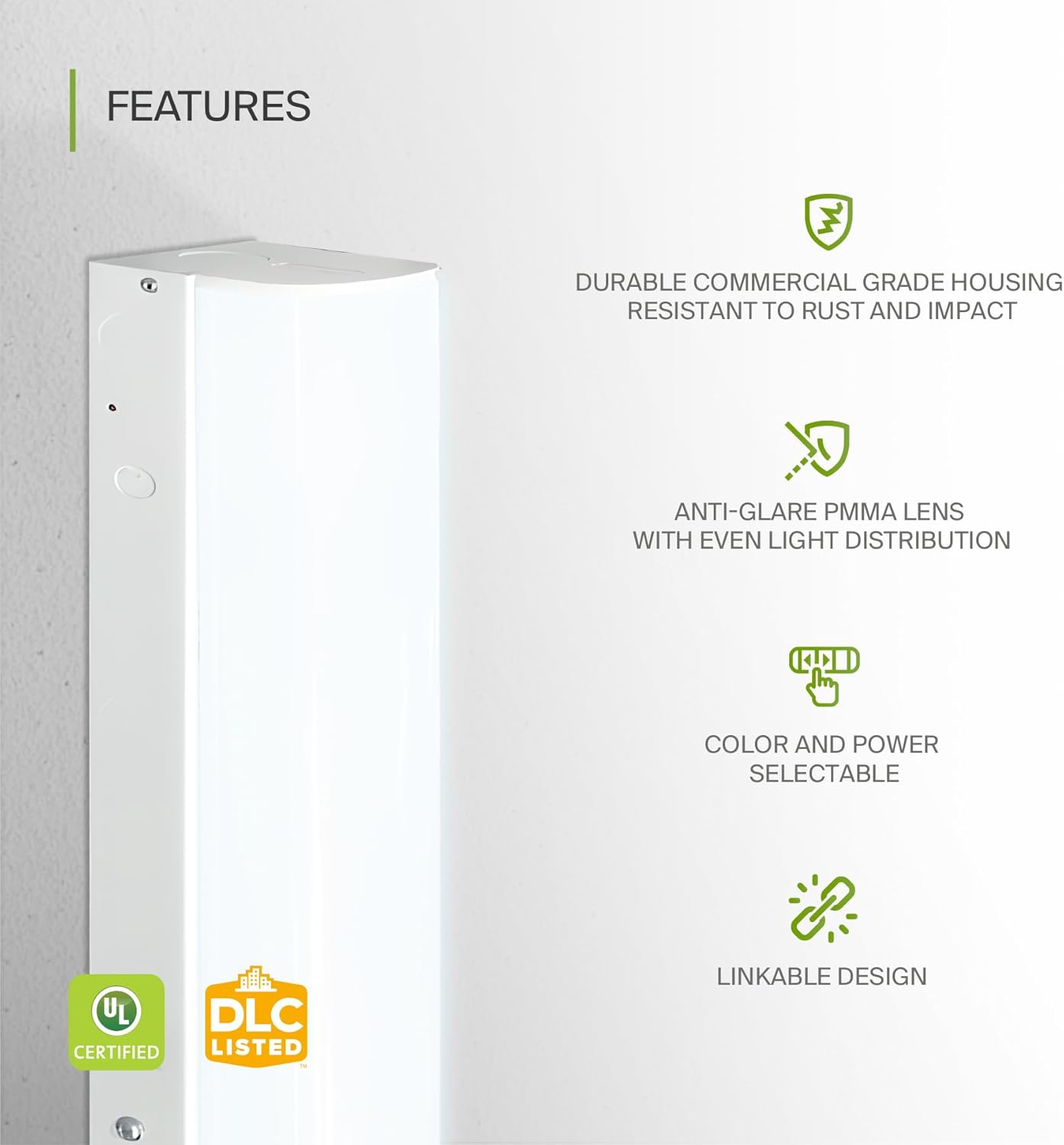 ASD Lighting LED Stairwell Fixture 4ft 22/28/36/44W 120-277V 0-10V Dimmable 140Lm/W 3500/4000/5000K with Motion Sensor White UL DLC Standard