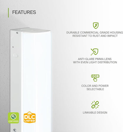 ASD Lighting LED Stairwell Fixture 4ft 22/28/36/44W 120-277V 0-10V Dimmable 140Lm/W 3500/4000/5000K with Motion Sensor White UL DLC Standard