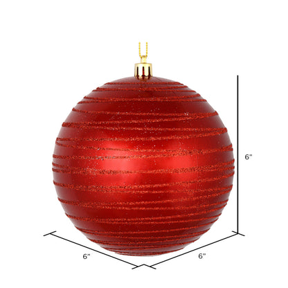 Vickerman 6" Red Candy Finish Ball Ornament with Glitter Lines 3 per Bag