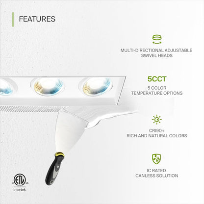 ASD Lighting LED Trimless Combo Downlight 3 heads 3.5inch 45W 120V Triac 2700/3000/3500/4000/5000K White ETL