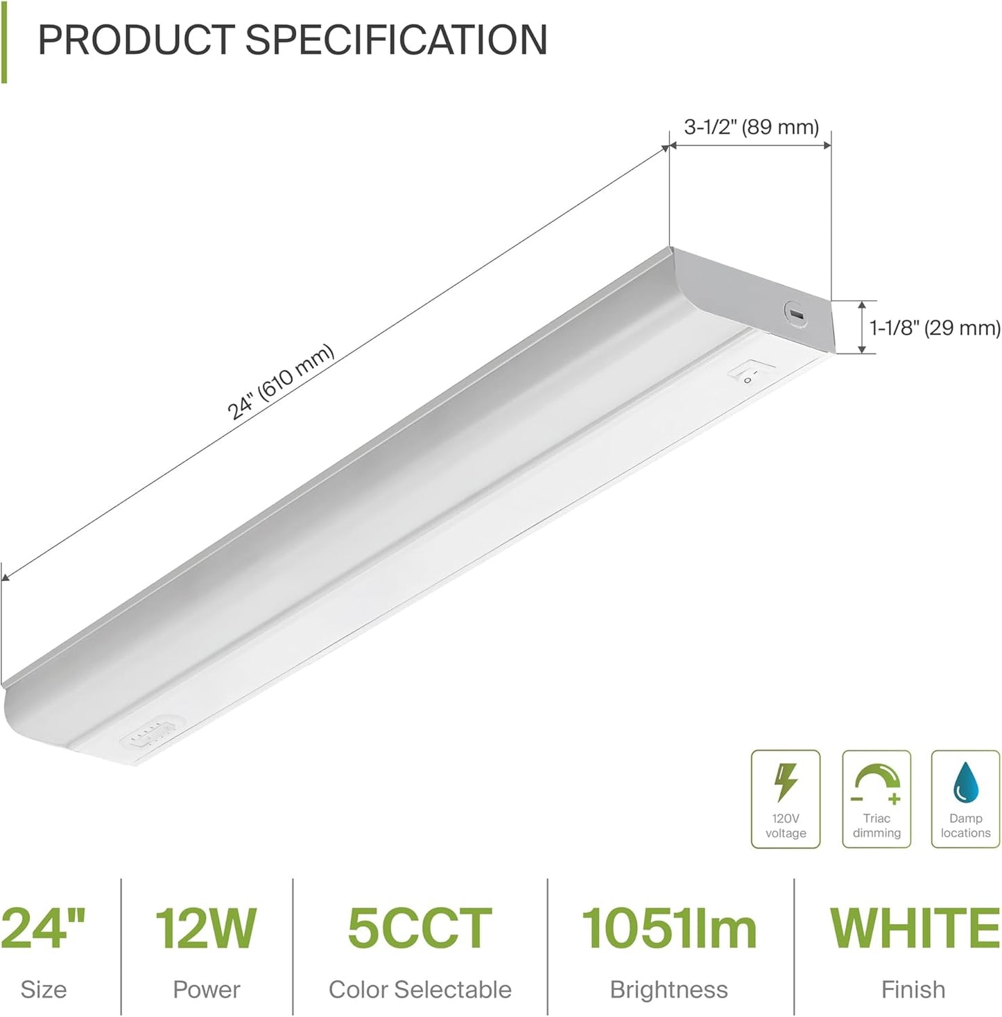 ASD Lighting LED Under Cabinet Bullnose 24" 12W 120V Dimmable CCT Selectable 2700/3000/3500/4000/5000K Hardwired, On/Off Switch, White UL 2pack