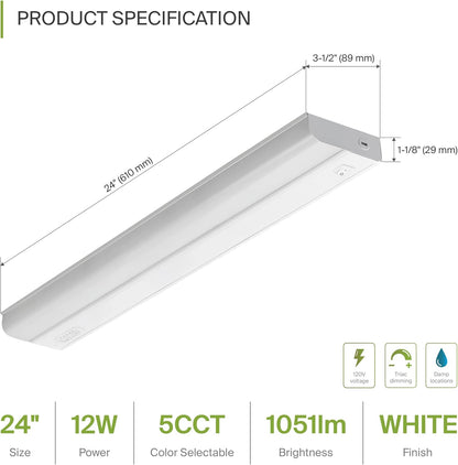 ASD Lighting LED Under Cabinet Bullnose 24" 12W 120V Dimmable CCT Selectable 2700/3000/3500/4000/5000K Hardwired, On/Off Switch, White UL 2pack