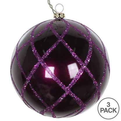 Vickerman 4" Plum Candy Glitter Net Ball Ornament 3 per Bag