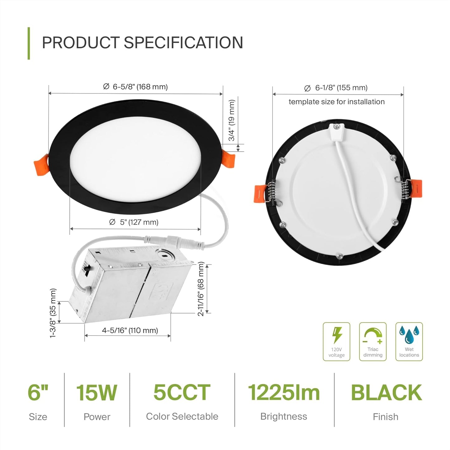 ASD Lighting LED Recessed Mini Panel Round 6inch 15W 120V Triac 2700/3000/3500/4000/5000K Black UL Energy Star 12 pack
